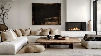 A stylish modern living room centered on a rustic coffee table, a corner sofa in neutral beige tones with textured throw pillows, a sleek white fireplace as the centerpiece,