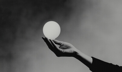 Monochrome Hand Holding Orb on Gradient Grey Background