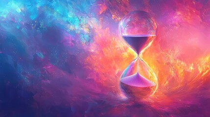 Cosmic hourglass glowing in vibrant colors outer space digital art dreamy atmosphere close-up view