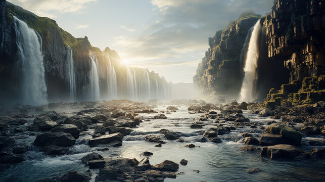 A waterfall flowing along a beach
