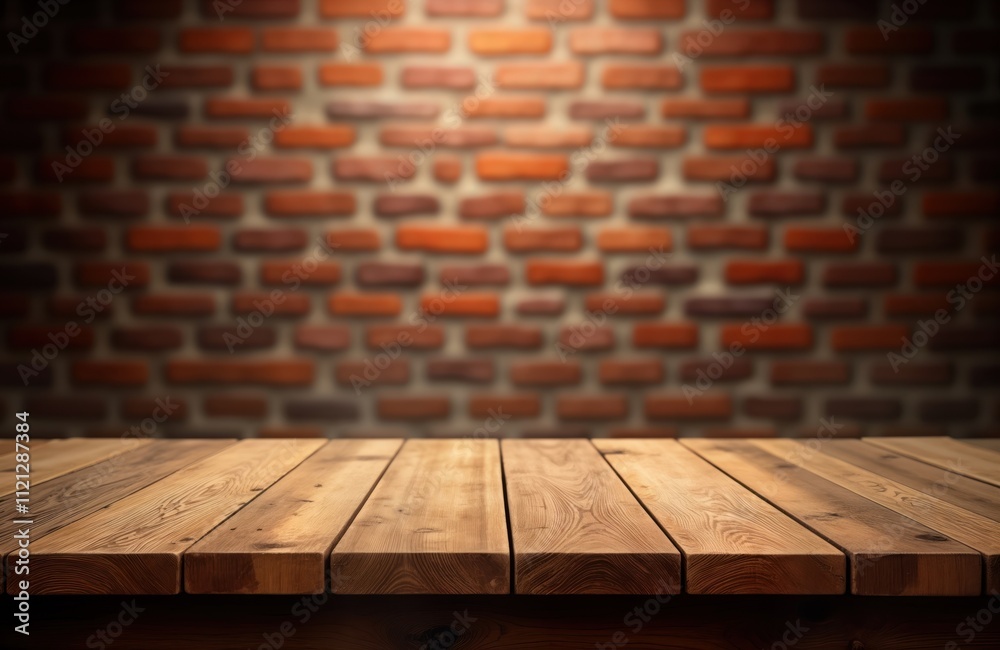 Poster empty rustic wooden table in front of blurry brick wall. empty surface awaits items food. suitable f