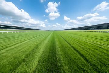 Horse racetrack with a well-maintained dirt track, surrounded by green grass, grandstands, and a vibrant atmosphere, capturing the excitement and tradition of horse racing events