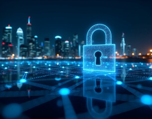 Futuristic Cybersecurity Network with Glowing Padlocks Over Cityscape