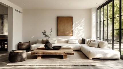 A bright and cozy minimalist living room featuring a barn wood coffee table, a neutral corner sofa with clean lines, natural light from large windows highlighting subtle decor,