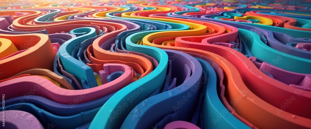 Poster Abstract rainbow labyrinth pattern. Layered wavy shapes create a complex design. Bright colors and smooth textures. Modern illustration. Possible use in tech, fashion, or design concepts.