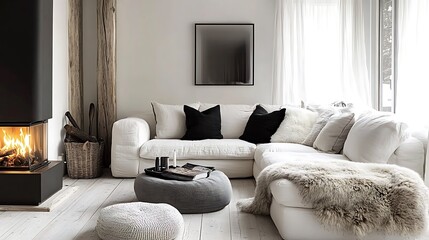 Fototapeta premium A minimalist living room featuring a white corner sofa with plush fur pillows, a matte black fireplace glowing softly, and raw wooden flooring, soft natural light streaming through sheer curtains,