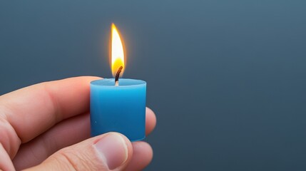 Hand Holding Blue Candle with Flickering Flame Against Gray Background