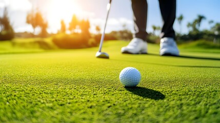 Golfer Prepares To Putt On Sunny Green