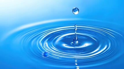 Water Drop Creating Ripples in a Calm Blue Surface Under Soft Light
