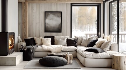 Fototapeta premium A serene rustic living room featuring a neutral-toned corner sofa with fur pillows, a minimalist stone fireplace glowing warmly, and textured wooden walls,