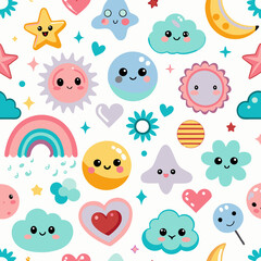 Fototapeta premium Cute kawaii seamless pattern with rainbows, stars, clouds, sun, moon, hearts.