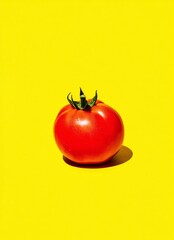 Vivid red tomato on bright yellow background showcasing fresh produce