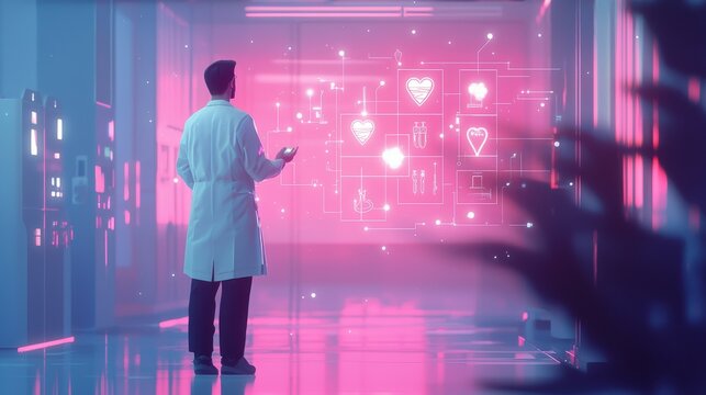Scientist analyzing health data laboratory digital visualization futuristic environment side view