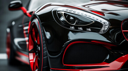 Sleek Black Sports Car with Red Accents  Close up Headlight Detail