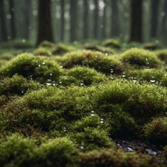 A bed of moss with tiny droplets against a blurred forest background.
