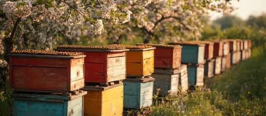 Naklejka premium A row of colorful beehives stand under a blossoming tree in a sunny meadow.