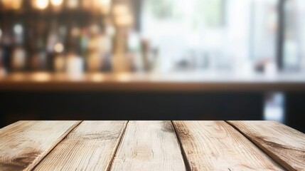 Rustic Wooden Table Top in Cozy Café with Blurred Background
