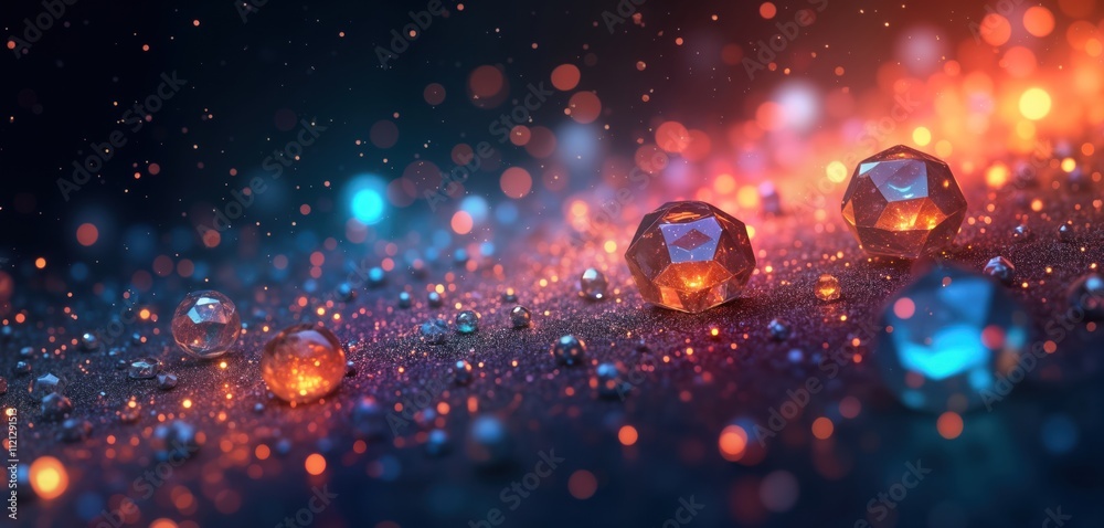 Poster Geometric shapes glow with radiant particles against dark background. Holographic design with vibrant colors. Abstract tech art with dynamic light effect. Modern shapes, energy, futuristic aesthetic.