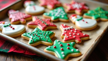 Close-up of Christmas Cookies Decorated with Icing Sprinkles and Holiday-Themed Shapes Ready to Be Enjoyed
