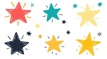 Obraz premium Colorful Hand-Drawn Stars with Doodle Elements on White Background