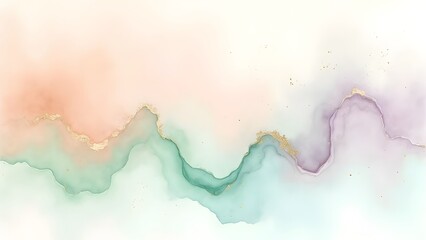Obraz premium Delicate Watercolor Abstract Art with Dusty Peach Mint Green Lilac Tones and Gold Speckles