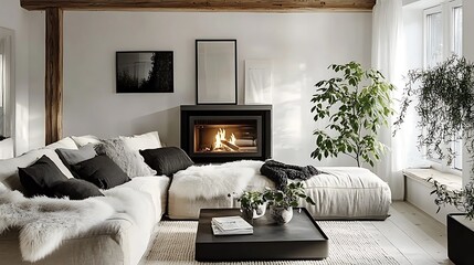Minimalist nature-inspired living space featuring a beige corner sofa, soft fur pillows, cascading green indoor plants, and a sleek fireplace glowing warmly,
