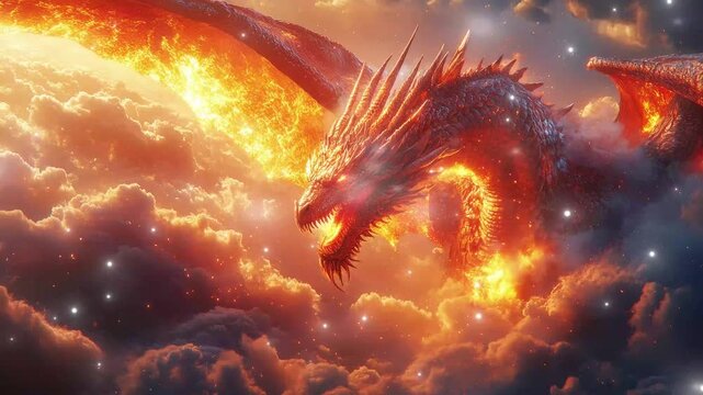 A powerful dragon glides through the clouds, exuding fiery breath and majesty. glitch stream overlay seamless loop Vtuber streamer asset twitch zoom OBS screen animated wallpaper virtual background