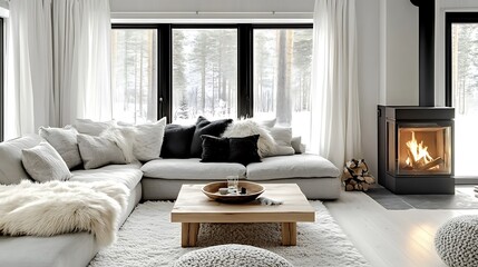 Minimalist Scandinavian design with a light gray corner sofa, fluffy fur pillows, a linear stone fireplace glowing warmly, and oak wood accents, soft white curtains framing large windows, hd quality,