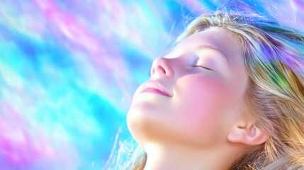 Fototapeta premium Ethereal Blissful Girl with Bright Hair Against Colorful Abstract Background