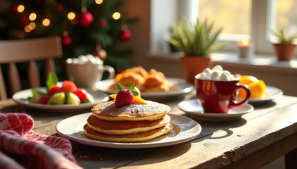 Naklejka premium A Cozy Christmas Breakfast Table with Pancakes Fruit and Hot Chocolate with Marshmallows Ready to Start the Festive Day