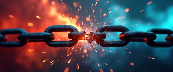 Metal chain breaks apart freedom, liberation. Sparks fly around fractured link. Abstract background with vibrant colors. Surreal image concept of independence, progress. Powerful image shows breaking