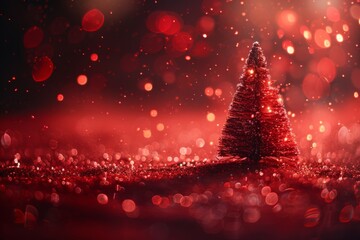 Small christmas tree is on red background with sparkles and copy space