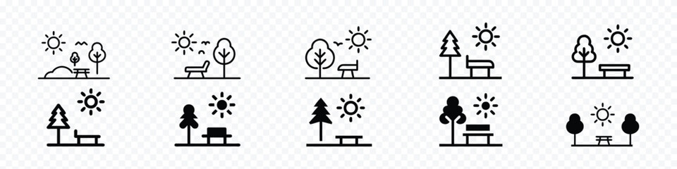  park icon, nature and outdoor activity, Park Icon Set. Trees, forest and bench vector icons. Nature, sun, lake. icon for plantation