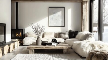 Rustic elegance with a beige corner sofa, plush fur cushions, a sleek black fireplace, and reclaimed wooden coffee tables, soft golden light casting gentle shadows on textured walls, hd quality,