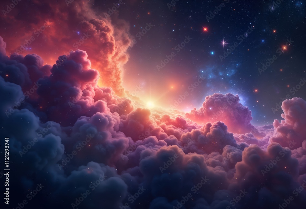 Poster Colorful nebula clouds fill outer space. Stars twinkle through glowing clouds. Cosmic light shines through clouds. Fantasy space background. Abstract art style. Vast universe. Artistic celestial