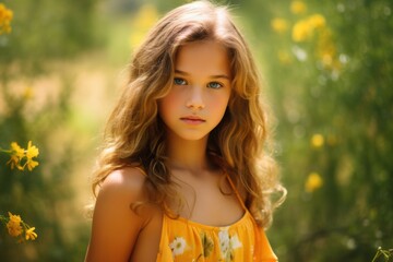 A young girl with long blonde hair is wearing a yellow dress