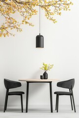 A table with two chairs and a lamp hanging from the ceiling