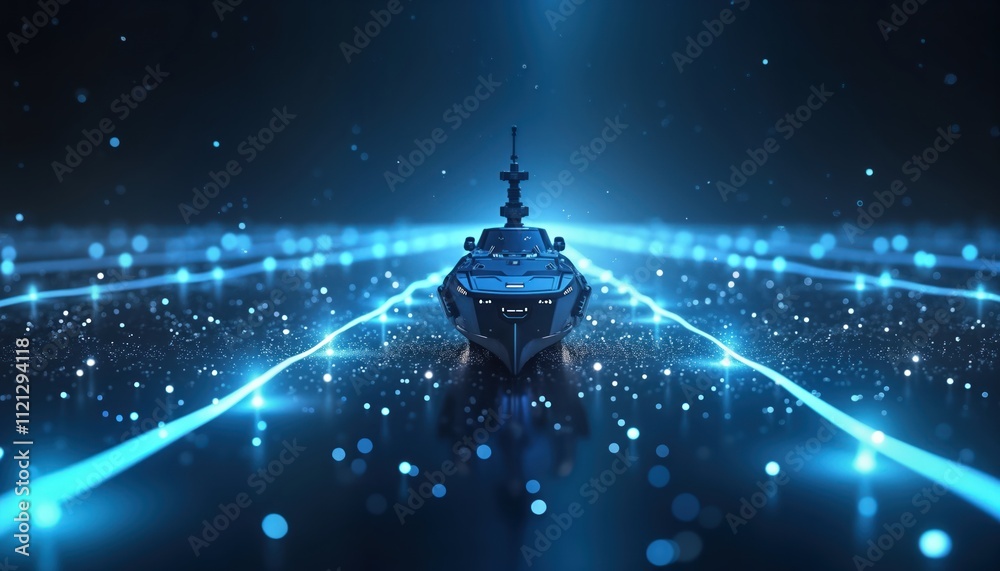 Aufkleber futuristic ship sails in virtual ocean. advanced tech ship glides across digital sea. blue glowing l