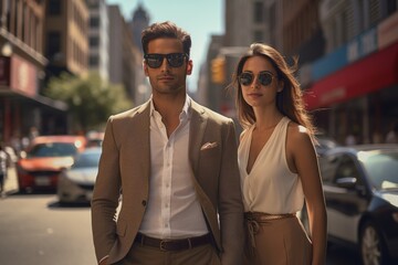 Obraz premium A man and a woman are standing on a city street, both wearing sunglasses