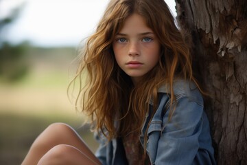 Naklejka premium A girl with long brown hair is sitting on a tree trunk