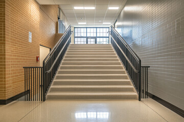 Bright, spacious staircase in a modern school hallway with brick and tiled walls, illuminated by natural light from large windows.
