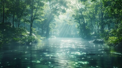 Fototapeta premium A serene nature forest glade scene with a stream gently flowing through, surrounded by lush vegetation.