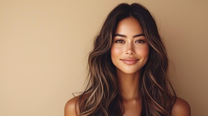 Naklejka premium A radiant Latina woman showcases her long, wavy hair and glowing complexion while exuding warmth and confidence. The soft, neutral backdrop enhances her natural beauty