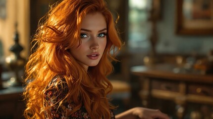 Fototapeta premium Red-haired woman in a thoughtful pose