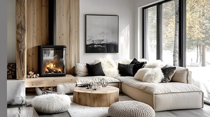 Fototapeta premium Understated luxury living room with a beige corner sofa adorned with plush fur pillows, a modern glass-encased fireplace exuding warmth, oak-paneled furniture,