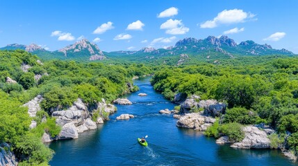 Serene Kayaking Adventure: A single kayak glides through a serene river winding through a lush mountainous landscape, capturing the essence of tranquility and adventure.