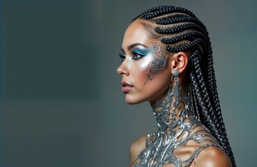 Fashionable woman with intricate braided hair and futuristic makeup. She wears an ornate silver collar. Exotic and stylish. Profile view. Studio setting. Beauty and glamour. Stylish and modern look.