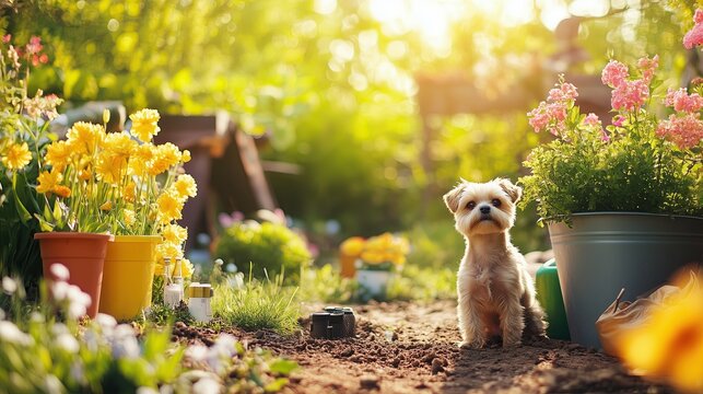 Pet Care Essentials Guide presented in a colorful spring garden with neatly arranged essentials for dogs and cats in a bright and airy layout