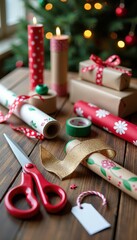 Holiday Gift Wrapping Supplies Spread Across a Table with Scissors, Paper, Tape, and Ribbons Ready for Christmas Wrapping