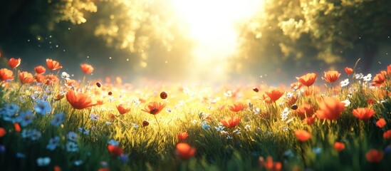 Fototapeta premium A field of wildflowers bathed in sunlight, creating a magical and ethereal atmosphere.